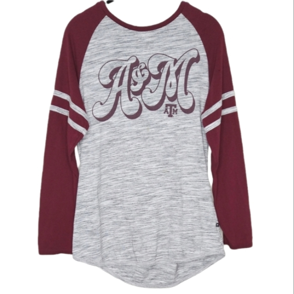 TAM Texas A&M High-low Long Sleeve Heathered Gray Raglan Shirt Size Medium